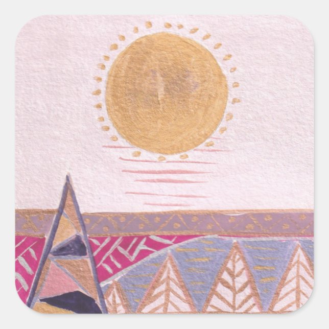 Sticker Carré Paysage d'été rose, art populaire, aquarelle (Devant)