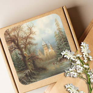 Sticker Carré Paysage d'hiver romantique avec patineurs de glace