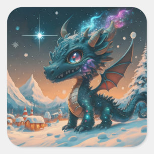 Sticker Carré Paysage hivernal de Chibi Dragon mystique