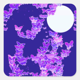 Sticker Carré Paysage lunaire avec papillons - lilas, bleu foncé