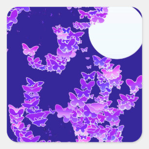Sticker Carré Paysage lunaire avec papillons - lilas, bleu profo