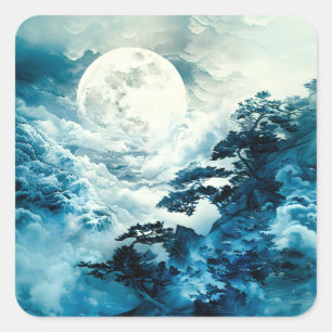 Sticker Carré Paysage mystique de montagne au clair de lune