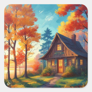 Sticker Carré Paysage naturel avec un chalet dans la forêt