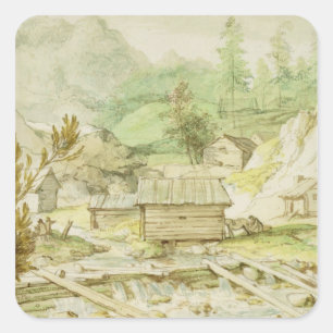 Sticker Carré Paysage nordique avec hutte en bois et terroir
