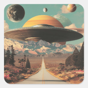 Sticker Carré Paysage surréaliste avec route, OVNI et Saturne 