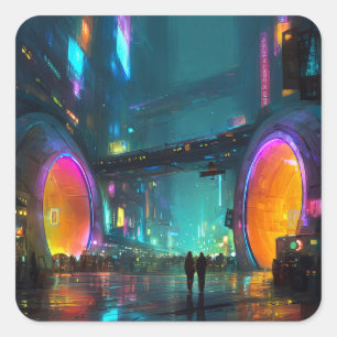 Sticker Carré Paysage urbain cyberpunk vibrant avec des arches