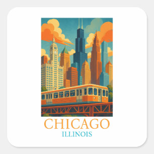 Sticker Carré Paysage urbain de Chicago Illinois Art vintage Voy