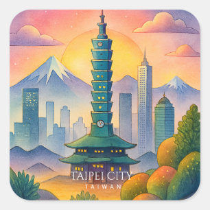 Sticker Carré Paysage urbain de Taipei Taïwan aquarelle