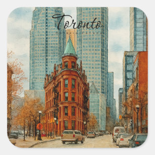 Sticker Carré Paysage urbain de Toronto Canada Aquarelle vintage