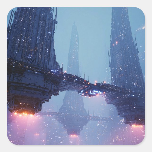 Sticker Carré Paysage urbain futuriste avec des structures flott (Devant)