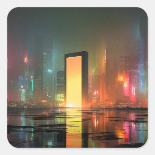 Sticker Carré Paysage urbain futuriste avec reflets néon