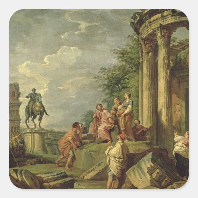 Sticker Carré Paysans au milieu des ruines romaines, 1743 (huile (Devant)