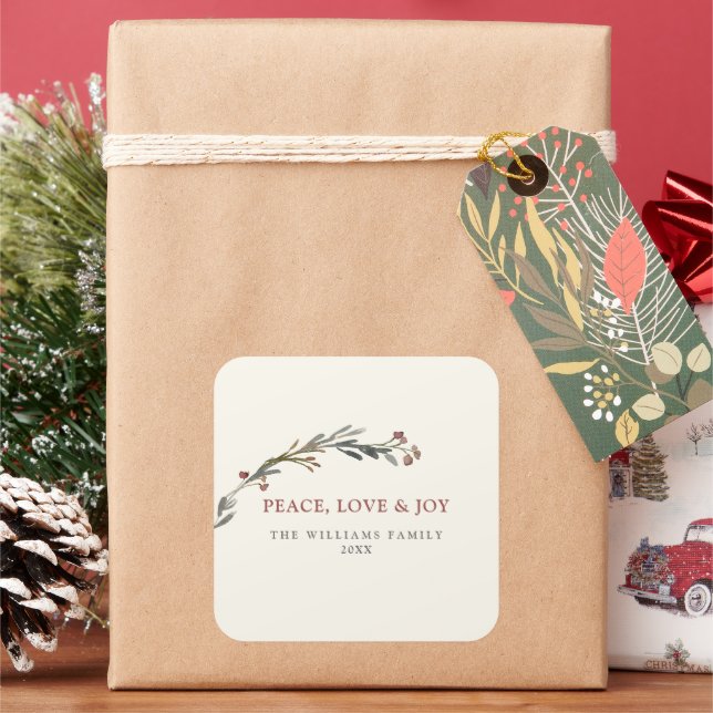 Sticker Carré Peace Love and Joy Red Berries Greenery Holiday (vacances)