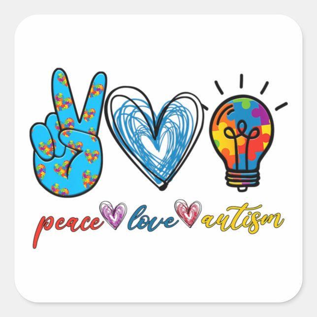 Sticker Carré Peace Love Autism Puzzle Ribbon Autism Awareness P (Devant)