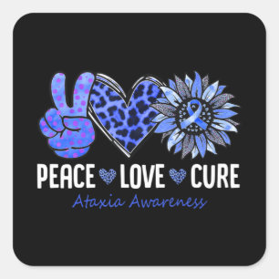 Sticker Carré Peace Love Cure Ataxia Awareness Mois Blue Sunflo