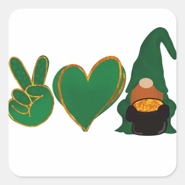 Sticker Carré Peace Love Gnome | Sublimation de la Saint Patrick (Devant)