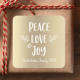 Sticker Carré Peace Love Joy Modern Typography Gold Foil Holiday