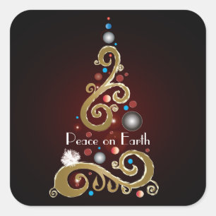 Sticker Carré Peace on Earth citation avec l'or sapin de Noël