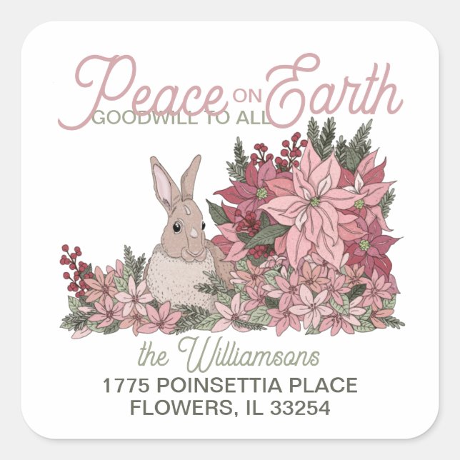 Sticker Carré Peace on Earth Rabbit in Flowers Adresse de retour (Devant)