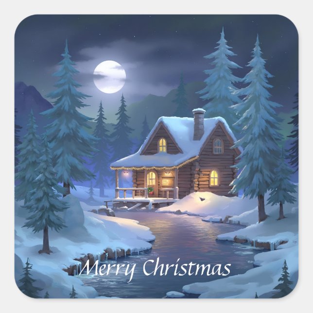 Sticker Carré Peaceful Cabin in Winter Forest (Devant)
