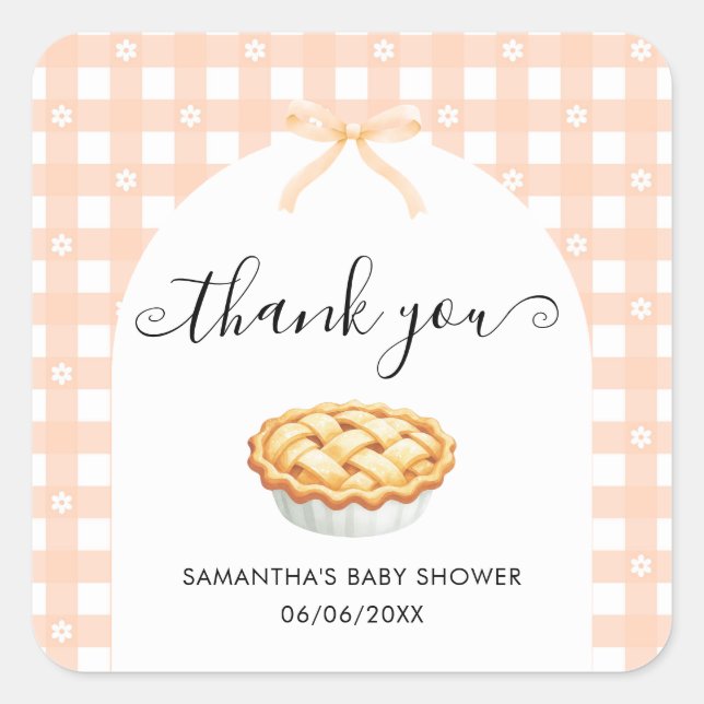 Sticker Carré Peach Coquette Pie Baby Shower Thank You (Devant)