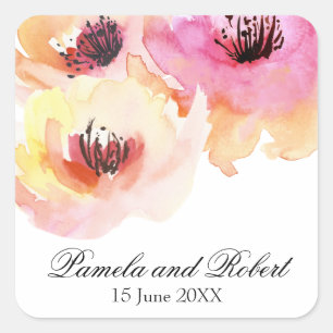 Sticker Carré Peach et rose aquarelle Mariage floral