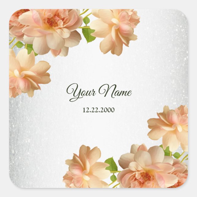 Sticker Carré Peach Roses Floral Silver Glitter Wedding Party (Devant)