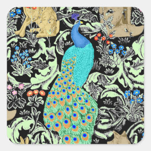 Sticker Carré Peacock Art Nouveau Impression, Turquoise & Neutra