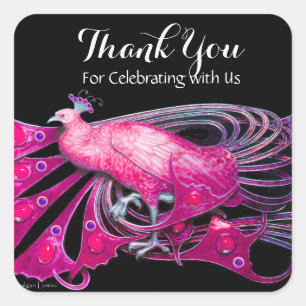 Sticker Carré PEACOCK ÉLÉGANT EN ROSE, FUCHSIA, Merci NOIR