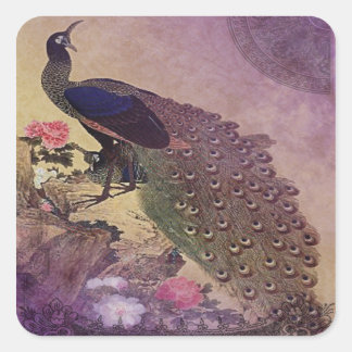 Sticker Carré Peacock et Peonies vintages Imprimé japonais