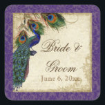 Sticker Carré Peacock & Feathers Formal Wedding Favor Seals Tags<br><div class="desc">PALETTE DE COULEUR : violet, tan, bleu royal crème, vert et rouille. DESIGN : Ces autocollants peuvent être utilisés à de nombreuses fins pour rendre votre célébration mariage extra spécial pour très peu de coût. Utilisez-les comme toppers de cupcake pour les douches nuptiales (utilisez simplement un carton légèrement plus grand...</div>