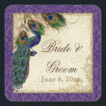 Sticker Carré Peacock & Feathers Formal Wedding Favor Seals Tags<br><div class="desc">PALETTE DE COULEUR : violet, tan, bleu royal crème, vert et rouille. DESIGN : Ces autocollants peuvent être utilisés à de nombreuses fins pour rendre votre célébration mariage extra spécial pour très peu de coût. Utilisez-les comme toppers de cupcake pour les douches nuptiales (utilisez simplement un carton légèrement plus grand...</div>