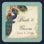 Sticker Carré Peacock & Feathers Formal Wedding Favor Seals Tags<br><div class="desc">PALETTE DE COULEUR : bleu aqua, bronze, bleu royal crème, vert et rouille. DESIGN : Ces autocollants peuvent être utilisés à de nombreuses fins pour rendre votre célébration mariage extra spécial pour très peu de coût. Utilisez-les comme toppers de cupcake pour les douches nuptiales (utilisez simplement un carton légèrement plus...</div>