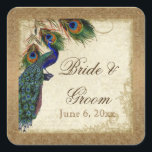 Sticker Carré Peacock & Feathers Vintage Gold Look Damask Swirl<br><div class="desc">PALETTE DE COULEUR : or métallique, tan, crème, bleu royal, vert et rouille. DESIGN : Ces autocollants peuvent être utilisés à de nombreuses fins pour rendre votre célébration mariage extra spécial pour très peu de coût. Utilisez-les comme toppers de cupcake pour les douches nuptiales (utilisez simplement un stock de carte...</div>