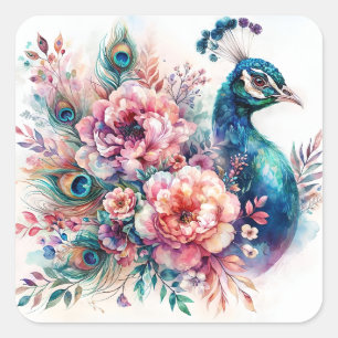 Sticker Carré Peacock Floral Aquarelle Portrait