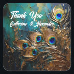 Sticker Carré Peacock plumes élégant<br><div class="desc">Un beau design 5D (5 dimensions) à l'huile et à la peinture acrylique inspirée de plumes de paon semble briller et briller contre un turquoise foncé et vert éeral arrière - plan. Les plumes serrent le côté droit de l'autocollant et pointent vers les modèles de texte blanc modifiables. Elles sont...</div>