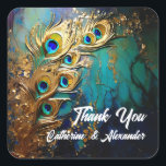 Sticker Carré Peacock plumes élégant luxe turquoise émeraude<br><div class="desc">Un beau design 5D (5 dimensions) à l'huile et à la peinture acrylique inspirée de plumes de paon semble briller et briller contre un turquoise foncé et vert éeral arrière - plan. Les plumes serrent le côté gauche de l'autocollant et l'arc au-dessus des modèles de texte blanc modifiables. Elles sont...</div>