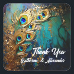 Sticker Carré Peacock plumes élégant luxe turquoise émeraude<br><div class="desc">Un beau design 5D (5 dimensions) à l'huile et à la peinture acrylique inspirée de plumes de paon semble briller et briller contre un turquoise foncé et vert éeral arrière - plan. Les plumes serrent le côté gauche de l'autocollant et l'arc au-dessus des modèles de texte blanc modifiables. Elles sont...</div>