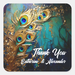 Sticker Carré Peacock plumes élégant luxe turquoise émeraude