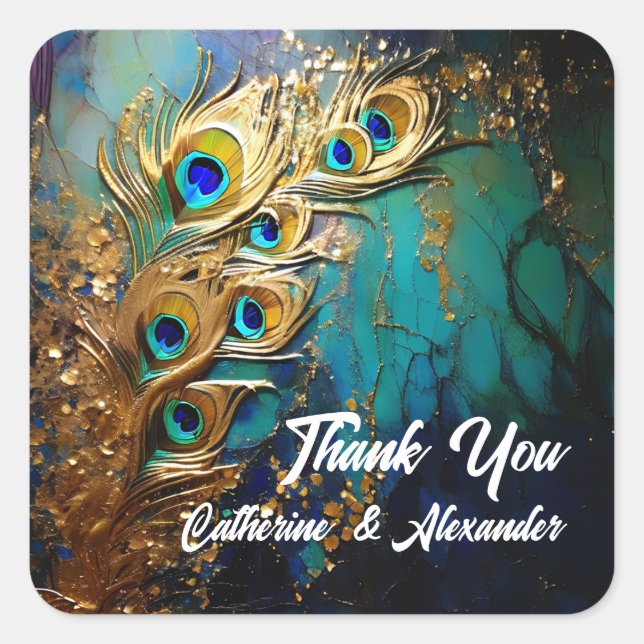 Sticker Carré Peacock plumes élégant luxe turquoise émeraude (Devant)