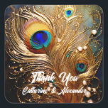 Sticker Carré Peacock plumes perles luxe élégants plumes<br><div class="desc">Une belle peinture 5D (5 dimensions) à l'huile et à l'acrylique inspiré plumes paon qui semble briller et briller contre un arrière - plan turquoise et bleu foncé. Les plumes semblent briller, briller et rayonner la lumière. Les modèles de texte blanc modifiables apparaissent le long du bord inférieur dans un...</div>