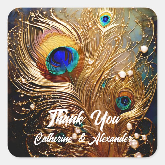 Sticker Carré Peacock plumes perles luxe élégants plumes (Devant)