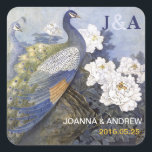 Sticker Carré Peacock vintage Pair Peony Blossoms Faveurs de mar<br><div class="desc">Peacock Pair Peony vintage Blossoms Mariage Faveur Stickers Personnalisé. Magnifique, glamour et rare reproduction d'un tableau original chinois d'aquarelle fleurie et d'oiseau représentant une paire de paons jouissant de la pivoine printanière fleurit ensemble. Conçu pour vos mariages, fiançailles, anniversaires ou autres célébrations sur le thème du paon, de l'amour-des-oiseaux, du...</div>