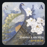 Sticker Carré Peacock vintage Pair Peony Blossoms Faveurs de mar<br><div class="desc">Peacock Pair Peony vintage Blossoms Mariage Faveur Stickers Personnalisé. Magnifique, glamour et rare reproduction d'un tableau original chinois d'aquarelle fleurie et d'oiseau représentant une paire de paons jouissant de la pivoine printanière fleurit ensemble. Conçu pour vos mariages, fiançailles, anniversaires ou autres célébrations sur le thème du paon, de l'amour-des-oiseaux, du...</div>