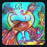 Sticker Carré PEACOCKS IN LOVE MONOGRAM rouge bleu turquase vert<br><div class="desc">Elégante, fantaisie et colorée aquarelle peinture en turquoise, rouge, fuchsia, turquoise couleur jaune avec feuille dorée et argent.Facile à customiser avec votre propre texte comme une carte faire-part, cartes de place, enregistrer la date, cartes de remerciement, douches nuptiales, anniversaires, fêtes, douches fiançailles, ou à peu près tout événement que vous...</div>