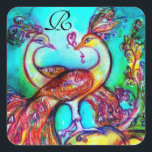 Sticker Carré PEACOCKS IN LOVE MONOGRAM rouge bleu turquase vert<br><div class="desc">Elégante, fantaisie et colorée aquarelle peinture en turquoise, rouge, fuchsia, turquoise couleur jaune avec feuille dorée et argent.Facile à customiser avec votre propre texte comme une carte faire-part, cartes de place, enregistrer la date, cartes de remerciement, douches nuptiales, anniversaires, fêtes, douches fiançailles, ou à peu près tout événement que vous...</div>