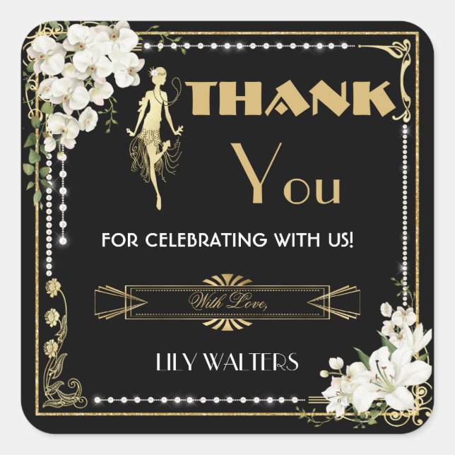 Sticker Carré Pearls White Floral Art Déco Gatsby 20s Anniversai (Devant)