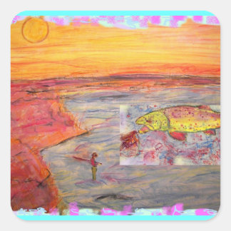 Sticker Carré pêche à la mouche coucher de soleil