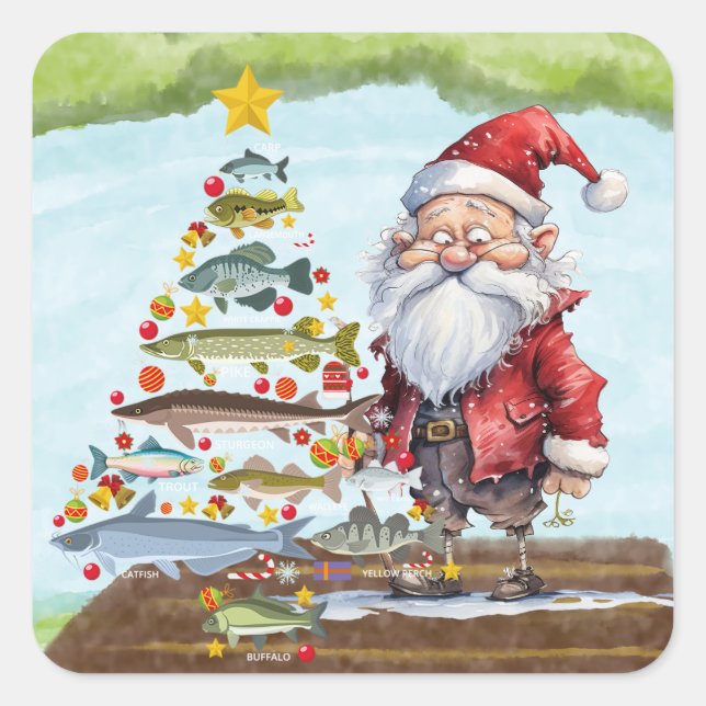 Sticker Carré Pêche Noël avec le Père Noël (Devant)