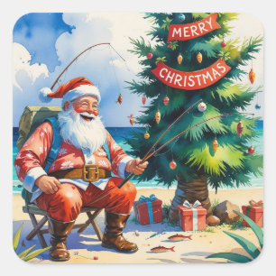 Sticker Carré Pêche Noël thème avec le Père Noël